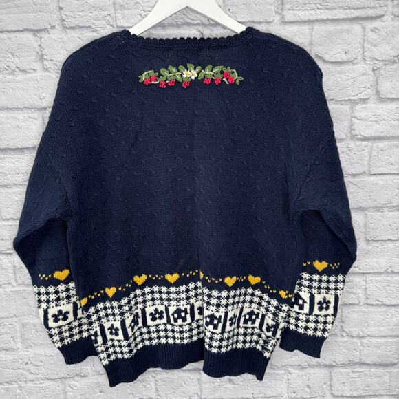 Vintage Country Suburbans Cardigan Sweater Knit Farm Chickens Blue Size L V-Neck - Picture 5 of 5